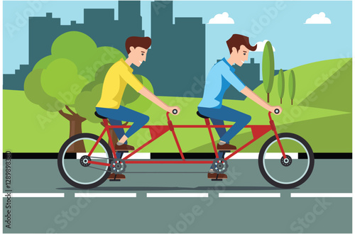 people rides a sports bike on a park road with friend, Vector Illustration	