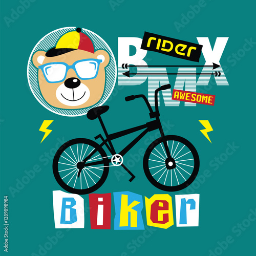 Playful bear character with BMX bicycle and colorful typography on teal background. Kids fashion design concept
