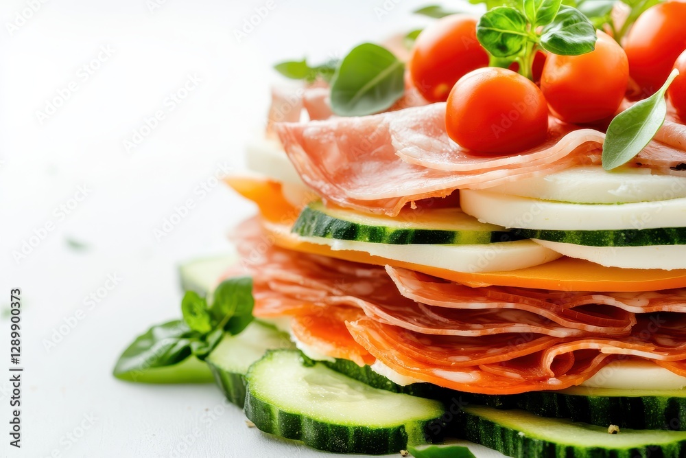 Fresh Ingredients Layered in a Colorful Stack Featuring Cucumber, Tomato, and Meats Fresh Ingredients Layered in a Colorful Stack Featuring Cucumber, Tomato, and Meats