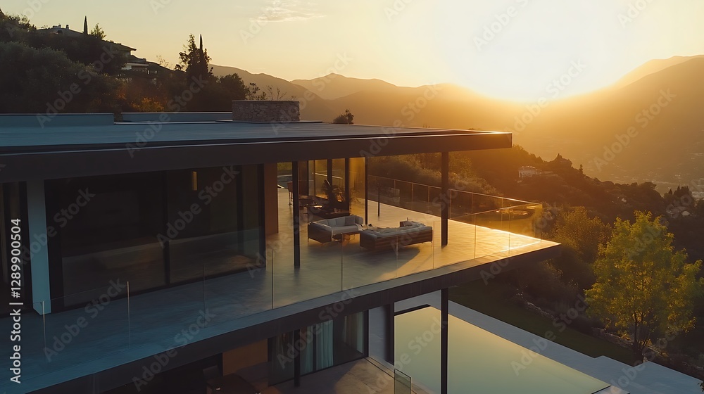 Fototapeta premium Modern House Overlooking Scenic Mountains at Sunset with Golden Light