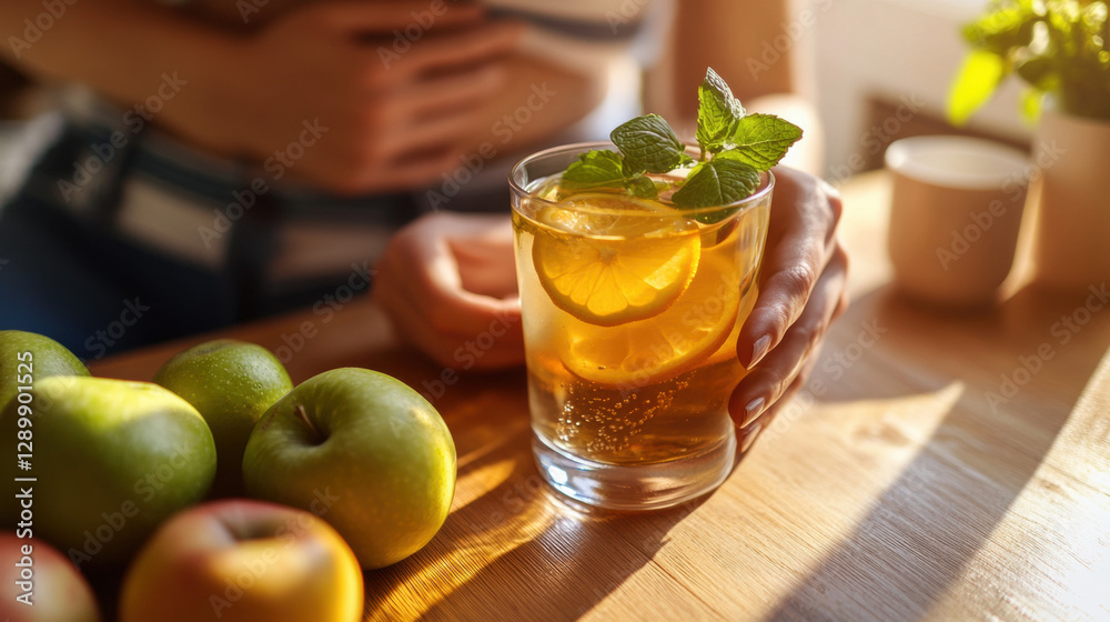 Fototapeta premium A refreshing glass of water alongside a vibrant glass of apple juice, evoking a summery vibe perfect for enjoying at a bar or during a snack