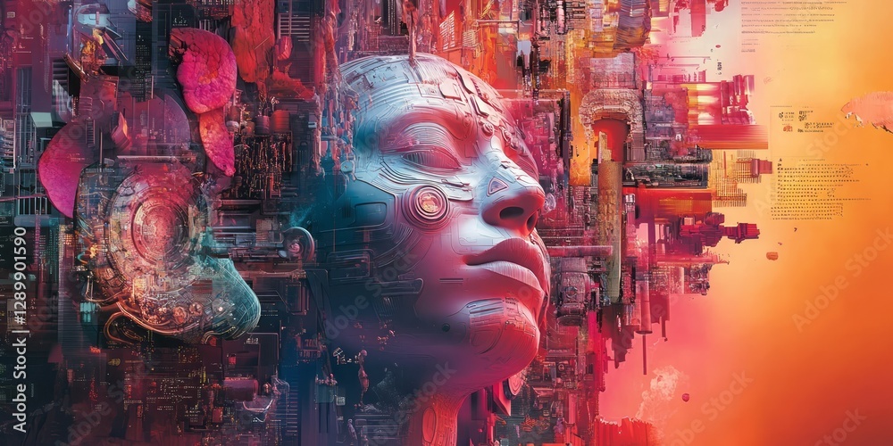 Digital human face emerges amidst a complex technological landscape Digital human face emerges amidst a complex technological landscape