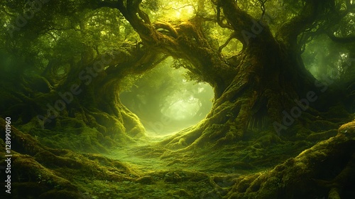 Lush forest with trees forming a mystical archway, illuminated by soft, ethereal light.