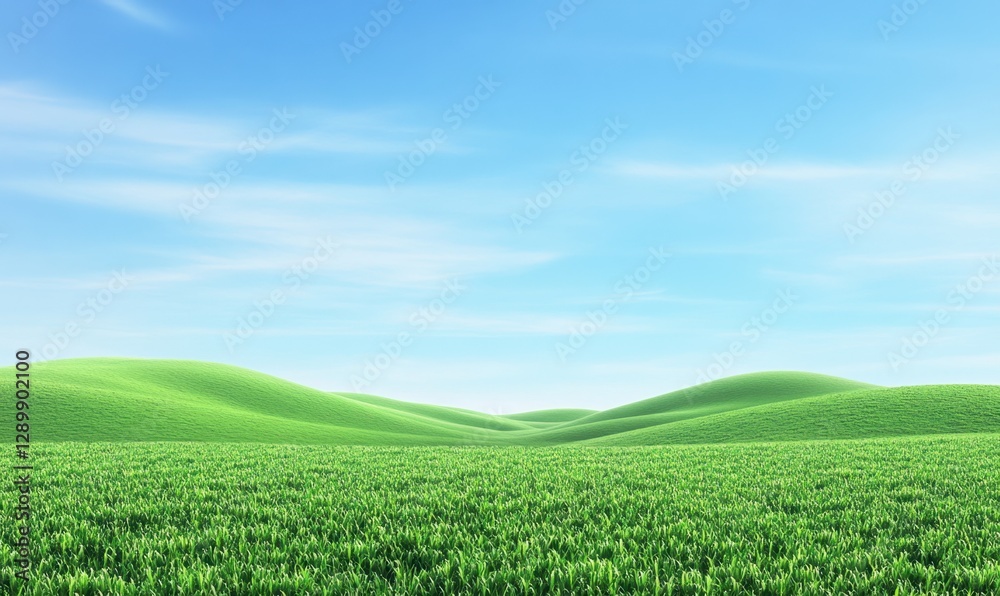 Obraz premium Green hills landscape under blue sky, ideal for nature backgrounds