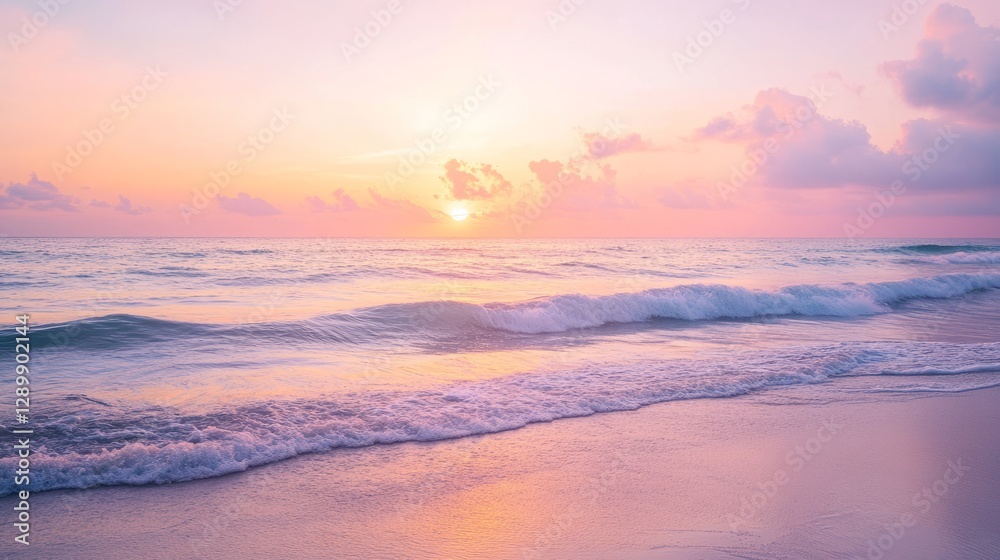 Fototapeta premium Caribbean sunset with orange and pink hues, calm waves, and a clean horizon, evoking serenity and natural beauty. 