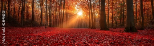 Serene forest scene with vibrant autumn foliage and rays of sunlight filtering through the trees.