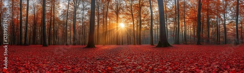A serene autumn forest with vibrant red leaves and a glowing sunset in the background.