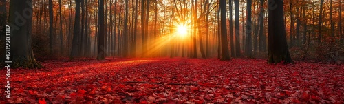 A serene forest scene with vibrant autumn leaves and sunlight filtering through the trees.