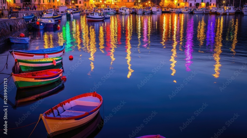 Obraz premium Colorful boats, harbor lights, water reflections, night scene.