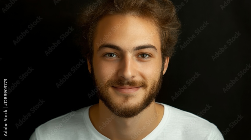 A young man with a beard and casual t-shirt smiles gently, illuminated by soft light. The dark background accentuates his friendly demeanor and relaxed posture A young man with a beard and casual t-shirt smiles gently, illuminated by soft light. The dark background accentuates his friendly demeanor and relaxed posture