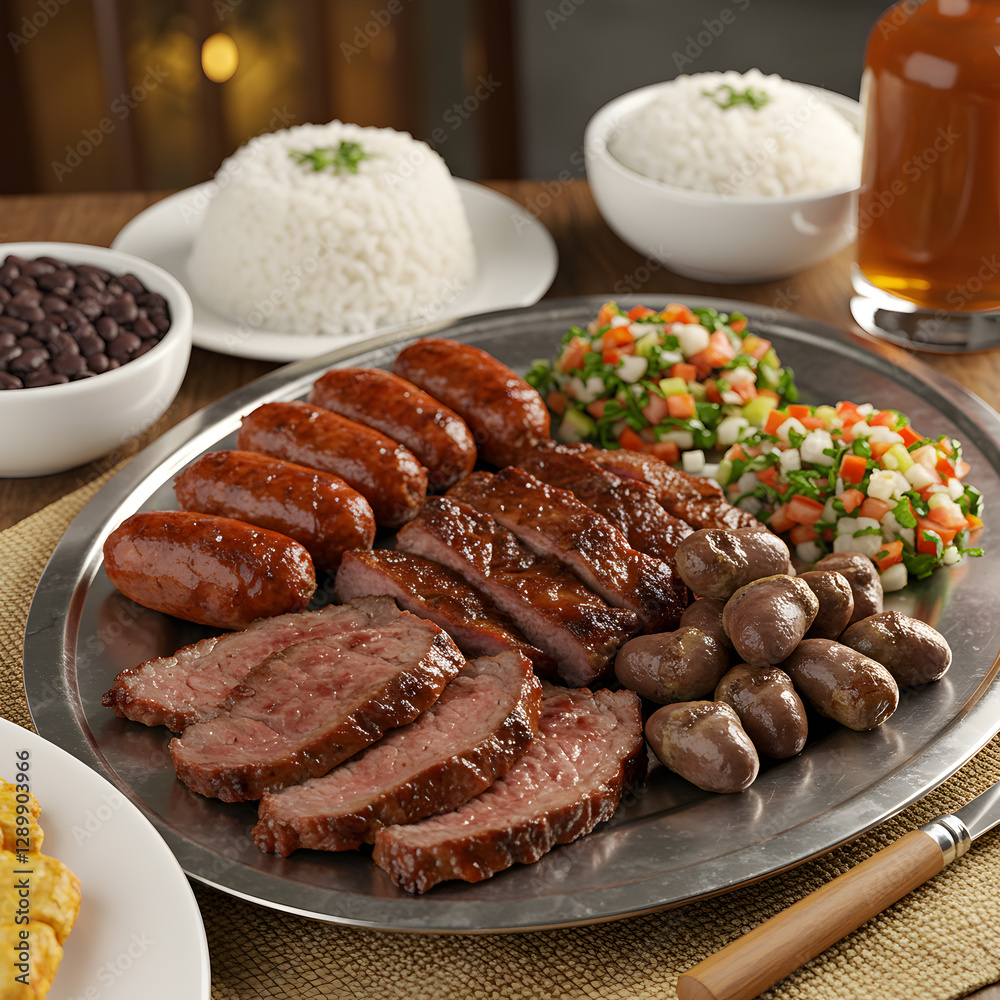 Grilled sausages and vegetables served with rice Grilled sausages and vegetables served with rice