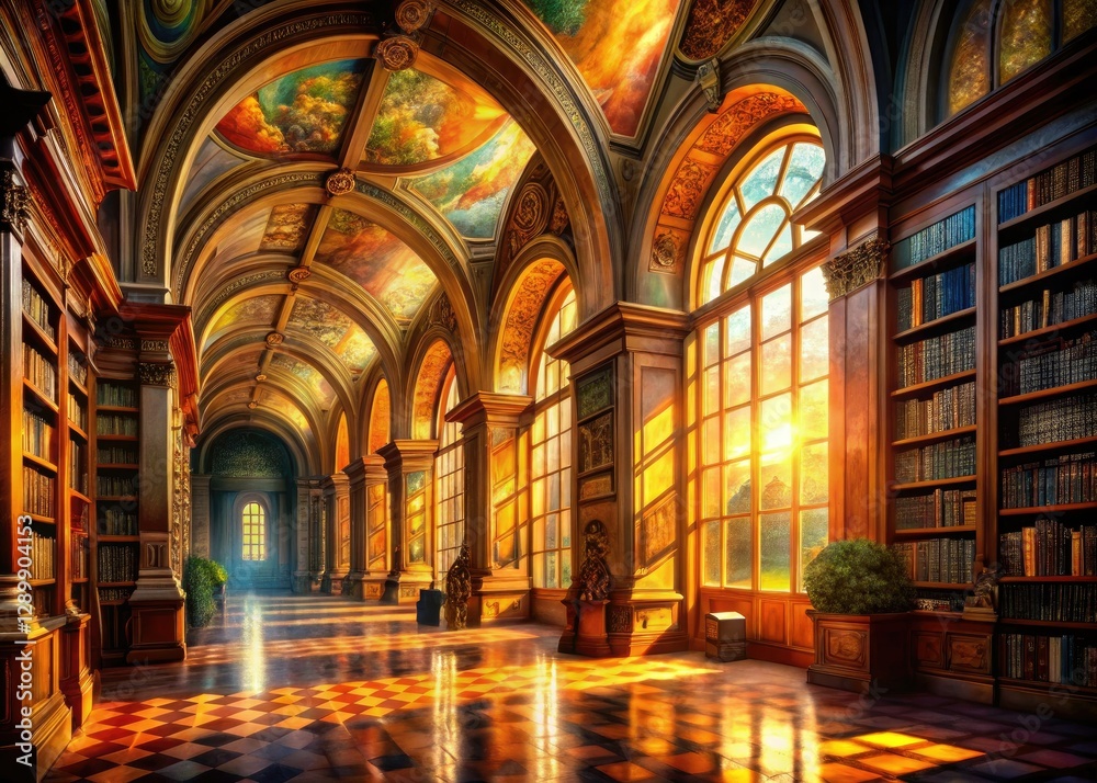 Fototapeta premium Sunlit garden view through a grand library's book-lined walls, opulent interior design.