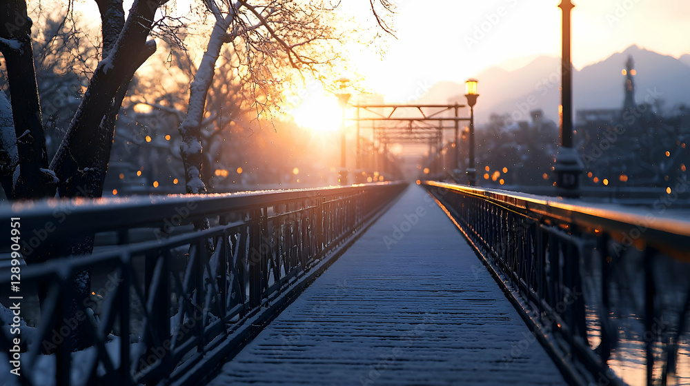 Fototapeta premium Snowy Bridge at Sunset Over a Winter Town