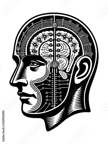 A stylized illustration of a human head in profile, depicted in black and white with a focus on the internal structure, featuring elements of circuitry, gears, or other mechanical components