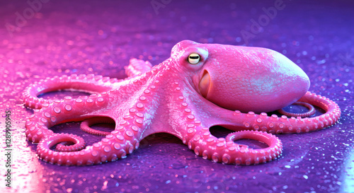 A vibrant pink octopus on a wet purple background creates a stunning visual display. Perfect for marine themes, underwater banners, and creative projects. Includes ample copy space for text or design.