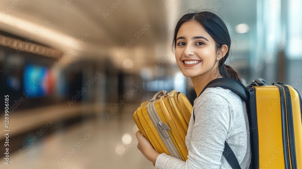 custom made wallpaper toronto digitalA cheerful young woman stands in a bright airport terminal, carrying two pieces of yellow luggage. She radiates happiness and excitement, ready for her journey