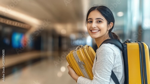 Wallpaper Mural A cheerful young woman stands in a bright airport terminal, carrying two pieces of yellow luggage. She radiates happiness and excitement, ready for her journey Torontodigital.ca