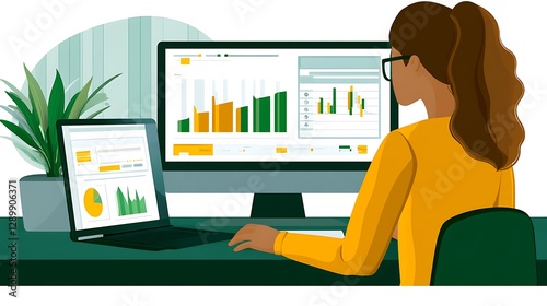 A flat design vector of a workspace with multiple monitors showing graphs and charts.