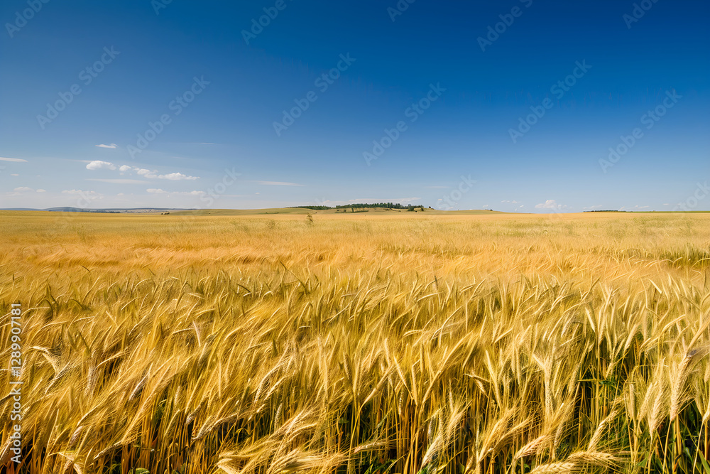 Bountiful Harvest: A Vibrant View of Golden Rye Grain Field Underneath the Clear Blue Sky Bountiful Harvest: A Vibrant View of Golden Rye Grain Field Underneath the Clear Blue Sky