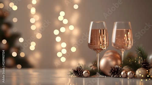 Two glasses of champagne with christmas decorations and lights in the background for festive celebration