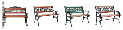 Ornate and vintage style decorative benches made of metal and wood in a lush park or garden setting providing a cozy and peaceful spot for relaxation leisure and enjoying the outdoor environment