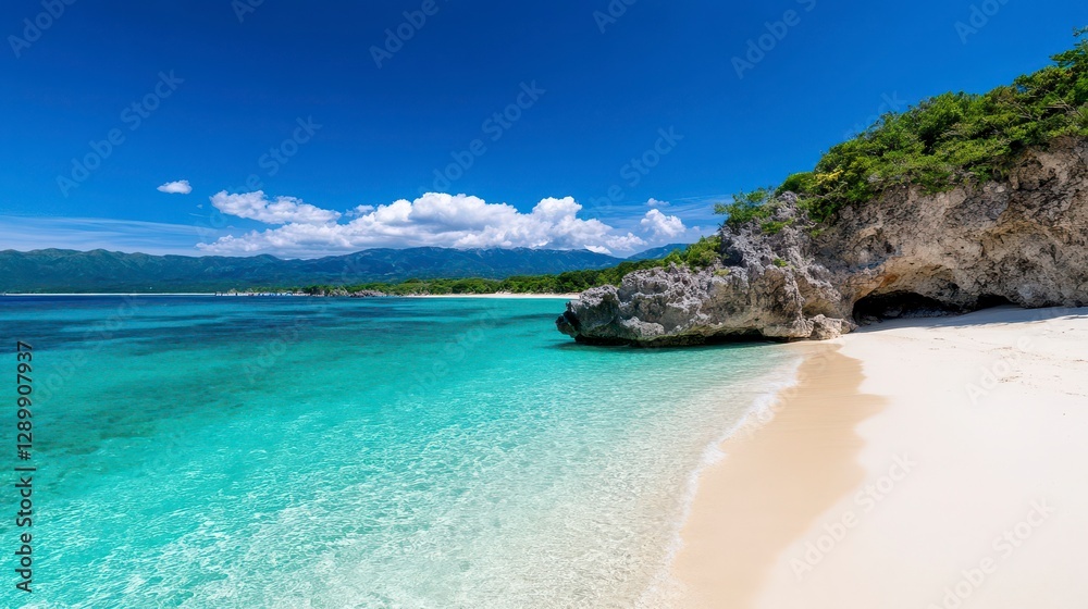 Serene Tropical Beach with Clear Water and Rocky Shoreline Serene Tropical Beach with Clear Water and Rocky Shoreline