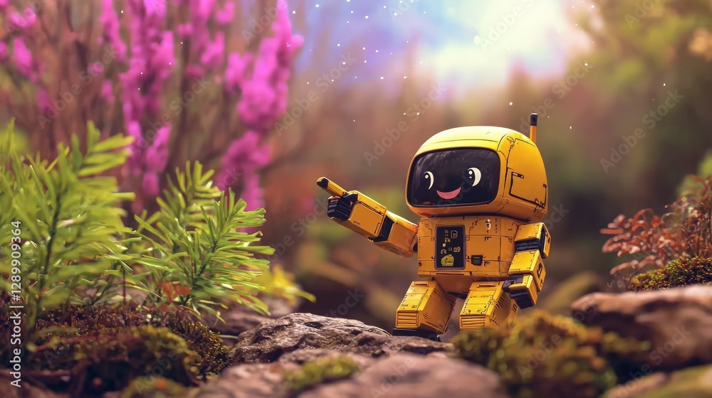 Cute Robot Exploring Nature Happy AI in Forest Plants Rocks Cute Robot Exploring Nature Happy AI in Forest Plants Rocks