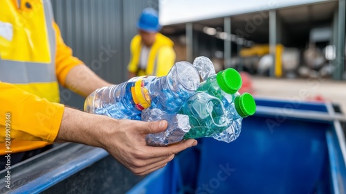 Hands Holding Plastic Water Bottles for Recycling in a Facility
