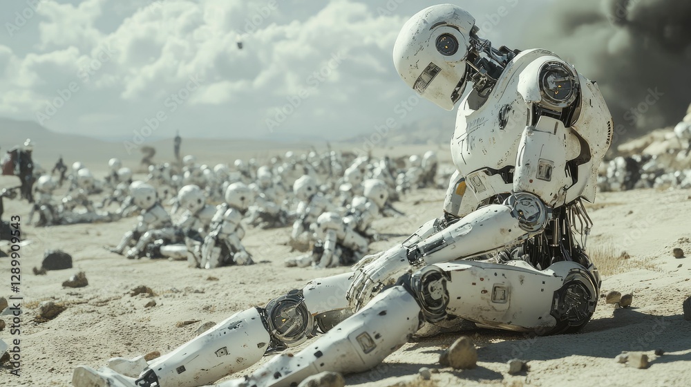 Obraz premium Dejected robot amidst fallen robotic army, desert.
