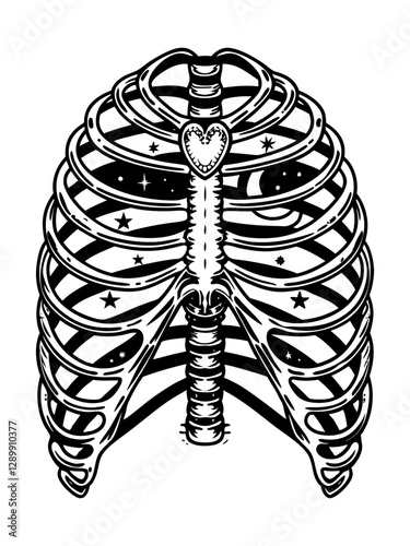Ribcage with CelesBlack and white illustration of a ribcage with a heart at its center, against a backdrop of stars and a crescent moon, creating a symbolic representation of the core of tial Elements