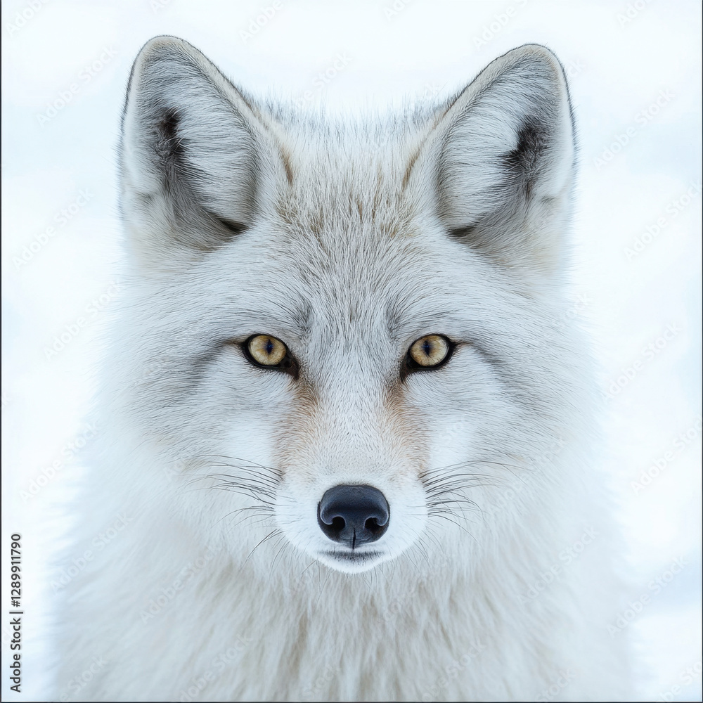 Majestic arctic fox with striking yellow eyes against white background, showcasing its thick, fluffy fur and sharp features. This captivating animal embodies beauty of wild Majestic arctic fox with striking yellow eyes against white background, showcasing its thick, fluffy fur and sharp features. This captivating animal embodies beauty of wild