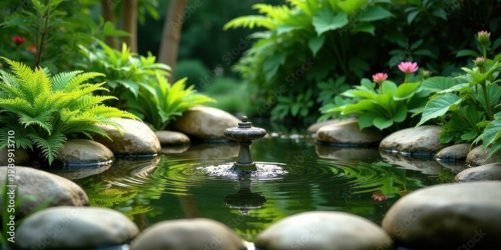 Fototapeta premium Tranquil garden pond with decorative fountain, surrounded by lush greenery and smooth stones creating a serene and peaceful atmosphere