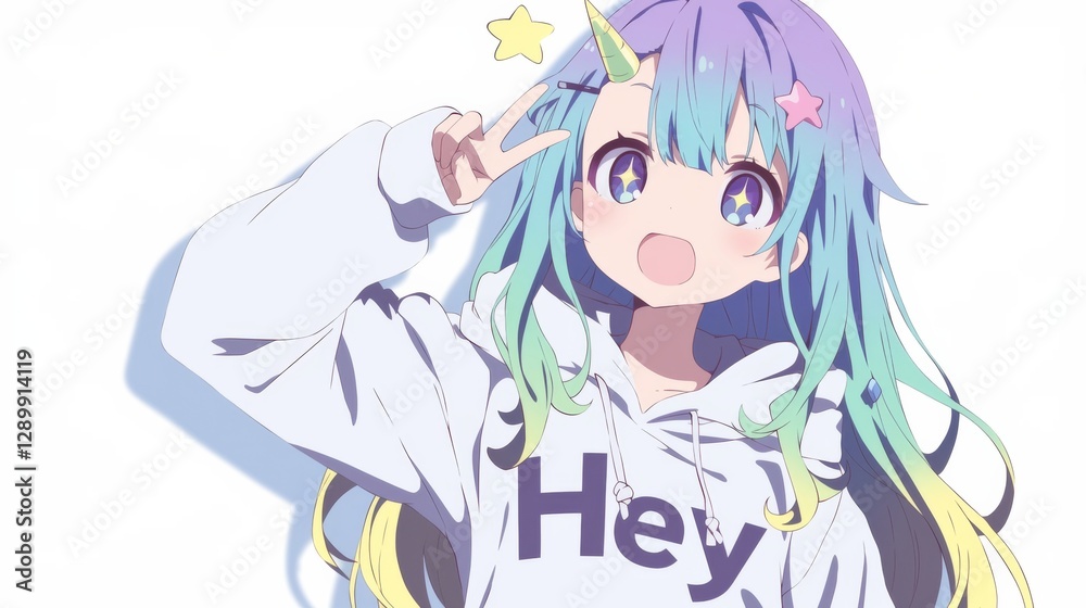 Cute Anime Unicorn Girl Sticker – White Hoodie with Blue Stars, Saying Cute Anime Unicorn Girl Sticker – White Hoodie with Blue Stars, Saying