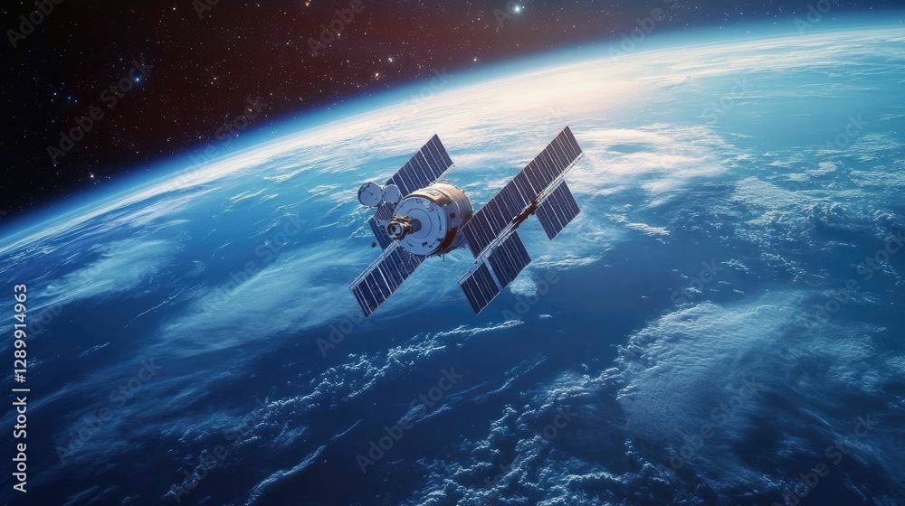 Fototapeta premium Satellite orbiting Earth, solar panels deployed.