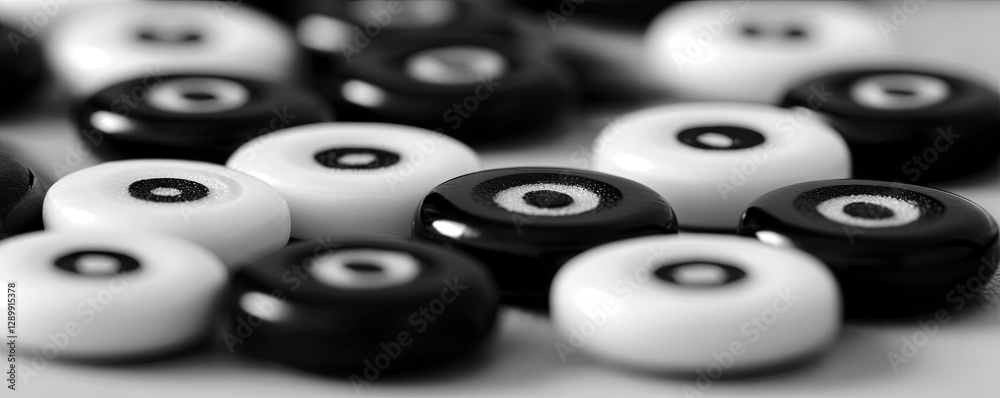 Black and white game pieces close-up. Strategy game. Leisure activity Black and white game pieces close-up. Strategy game. Leisure activity