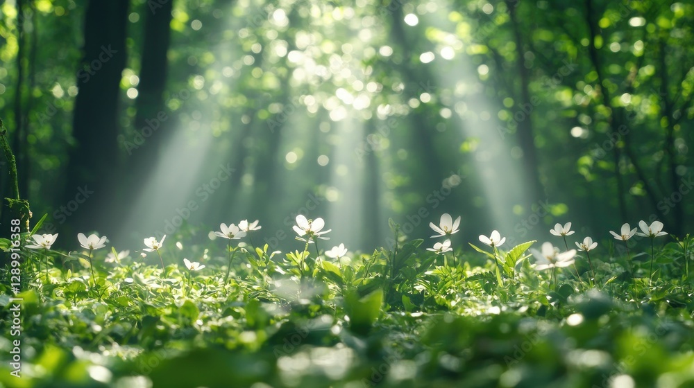Sunbeams in forest, wildflowers, green foliage, peaceful nature scene, ideal for wellness Sunbeams in forest, wildflowers, green foliage, peaceful nature scene, ideal for wellness