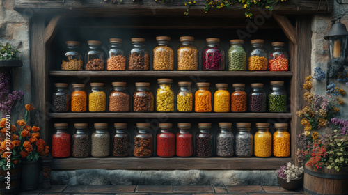Vibrant market stall in Barcelona, Spain, featuring colorful fresh produce, eggs, and artistic displays, surrounded by the lively atmosphere of the market