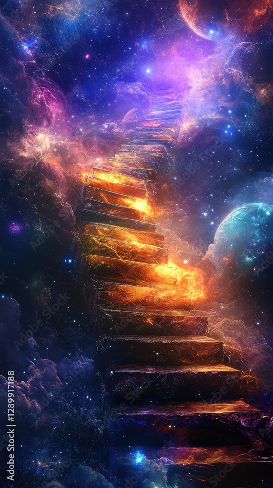 Cosmic stairway ascends through nebulae, planets. Cosmic stairway ascends through nebulae, planets.