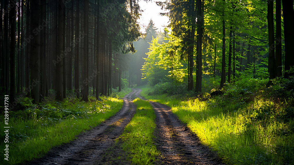 Fototapeta premium Sunlit Path Through Lush Green Forest