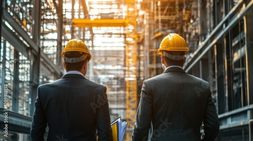 Industrial Facility Managers Inspecting Plant, Sunny Day Background
