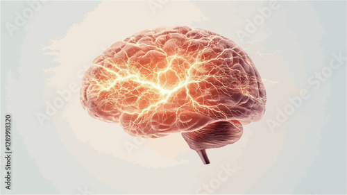 A three-dimensional rendering of a human brain. The brain is depicted in a detailed anatomical style, showing its folds and fissures.  A bright, glowing, light-orange energy or light is