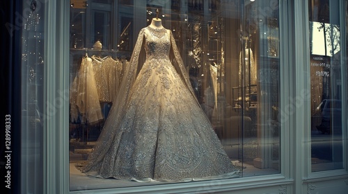 A boutique window highlighting a luxurious Indian wedding dress with intricate craftsmanship.