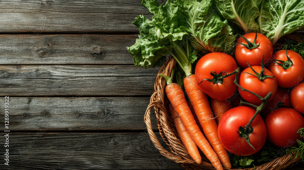 Freshly harvested organic vegetables in basket, including tomatoes and carrots, evoke sense of healthy living Freshly harvested organic vegetables in basket, including tomatoes and carrots, evoke sense of healthy living