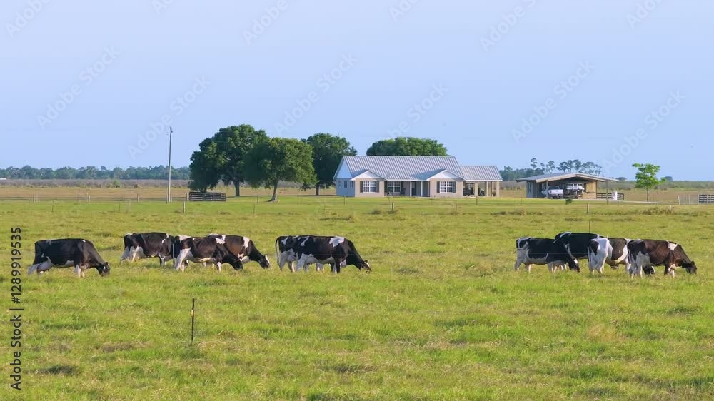 Milk cows grazing on green farm pasture in front of farmer house. Feeding of cattle on farmland grassland Milk cows grazing on green farm pasture in front of farmer house. Feeding of cattle on farmland grassland