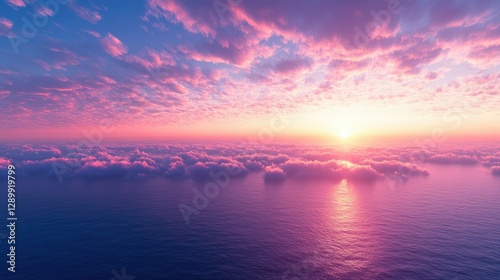 Pink Sunset Above Ocean Cloudscape Heavenly View