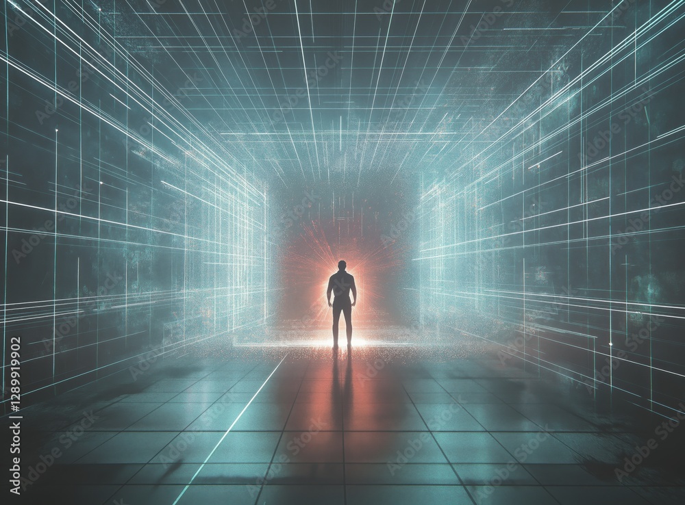 A silhouette of a person standing in a glowing futuristic digital grid, representing artificial intelligence, virtual reality, and cyberspace technology.  
