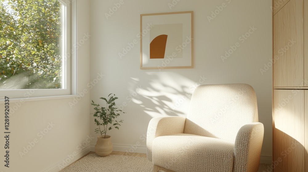 Fototapeta premium Sunlit room, beige armchair, plant, artwork, window, interior design, home decor
