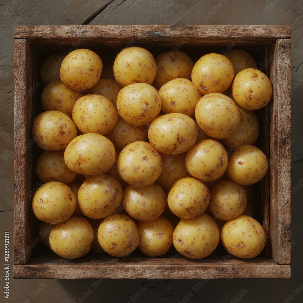 A collection of fresh, organic potatoes in a basket and a wooden box, displayed on a rustic wooden background, highlighting their earthy colors and natural appeal A collection of fresh, organic potatoes in a basket and a wooden box, displayed on a rustic wooden background, highlighting their earthy colors and natural appeal