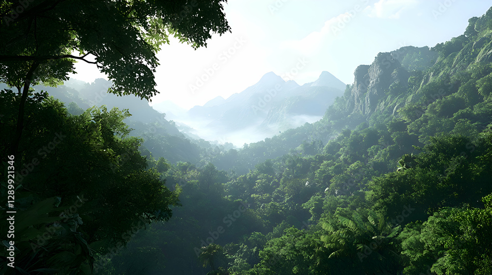 Fototapeta premium Lush Green Mountain Valley Landscape with Fog and Sunlight