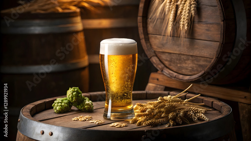 Glass of beer with grains and hops on barrel in rustic setting. photo